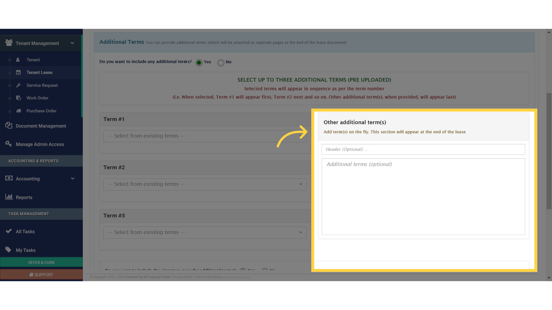 Click 'Additional Terms You can provide additional terms (which will be attached as seperate pages at the end of the lease document)'