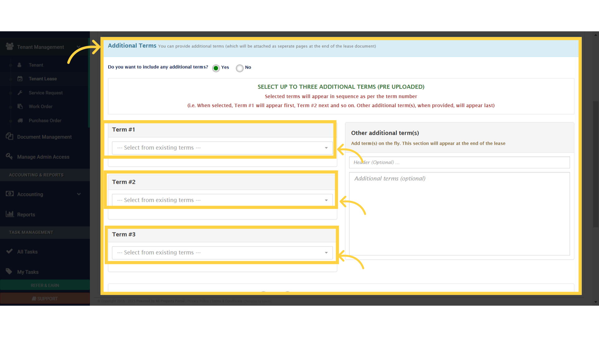 Click 'Additional Terms You can provide additional terms (which will be attached as seperate pages at the end of the lease document)'