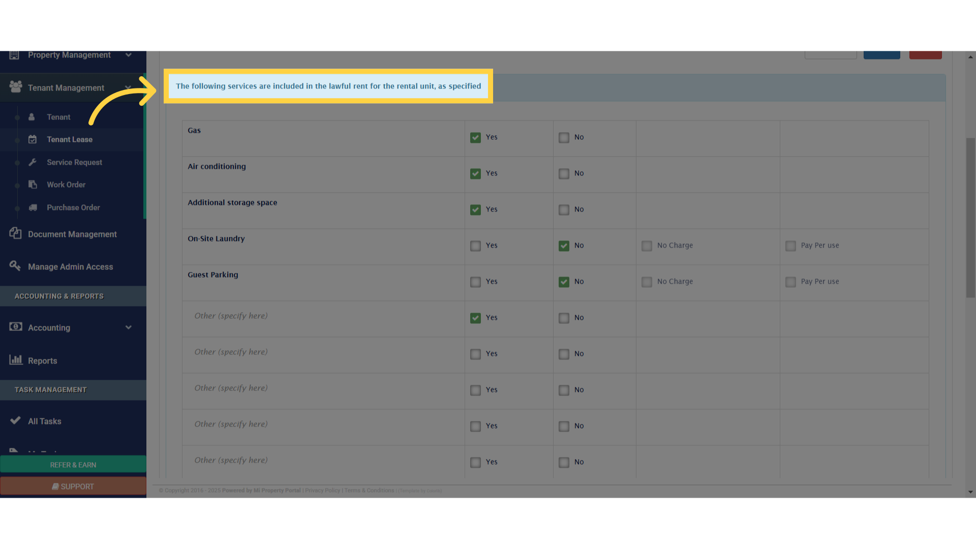 Click 'The following services are included in the lawful rent for the rental unit, as specified'
