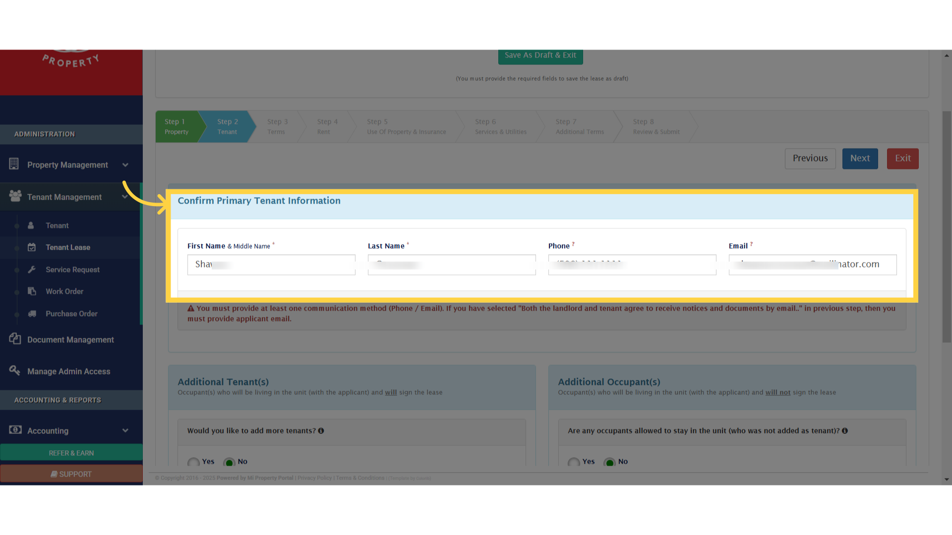 Click 'Confirm Primary Tenant Information'