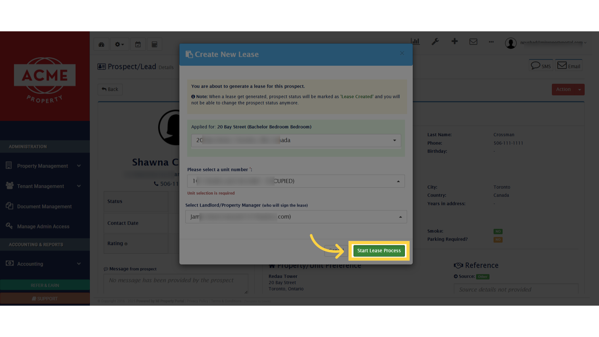 Click 'Start Lease Process'