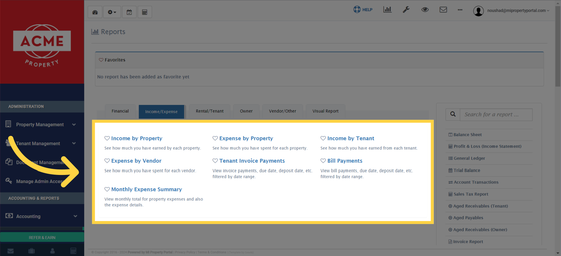 Click 'Income by Property See how much you have earned by...'