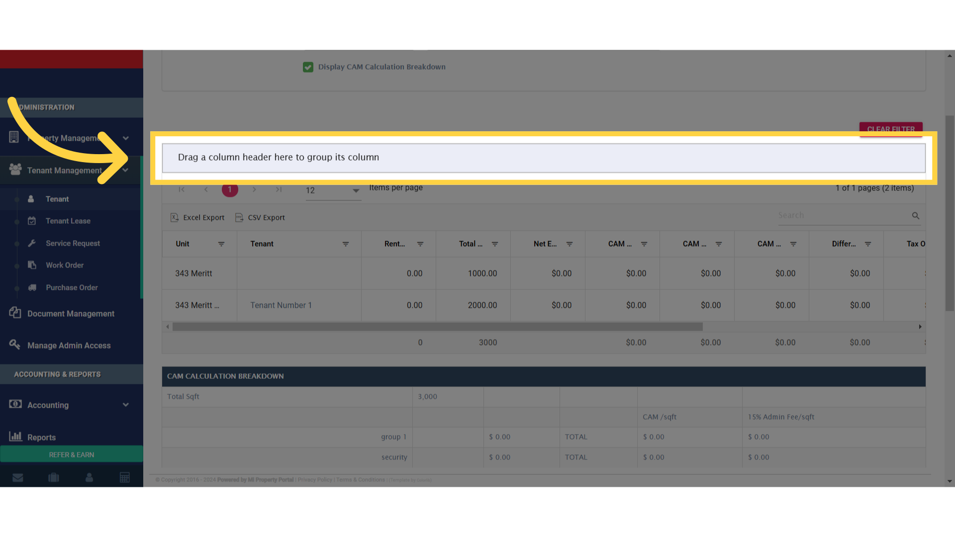 Click 'Drag a column header here to group its column'