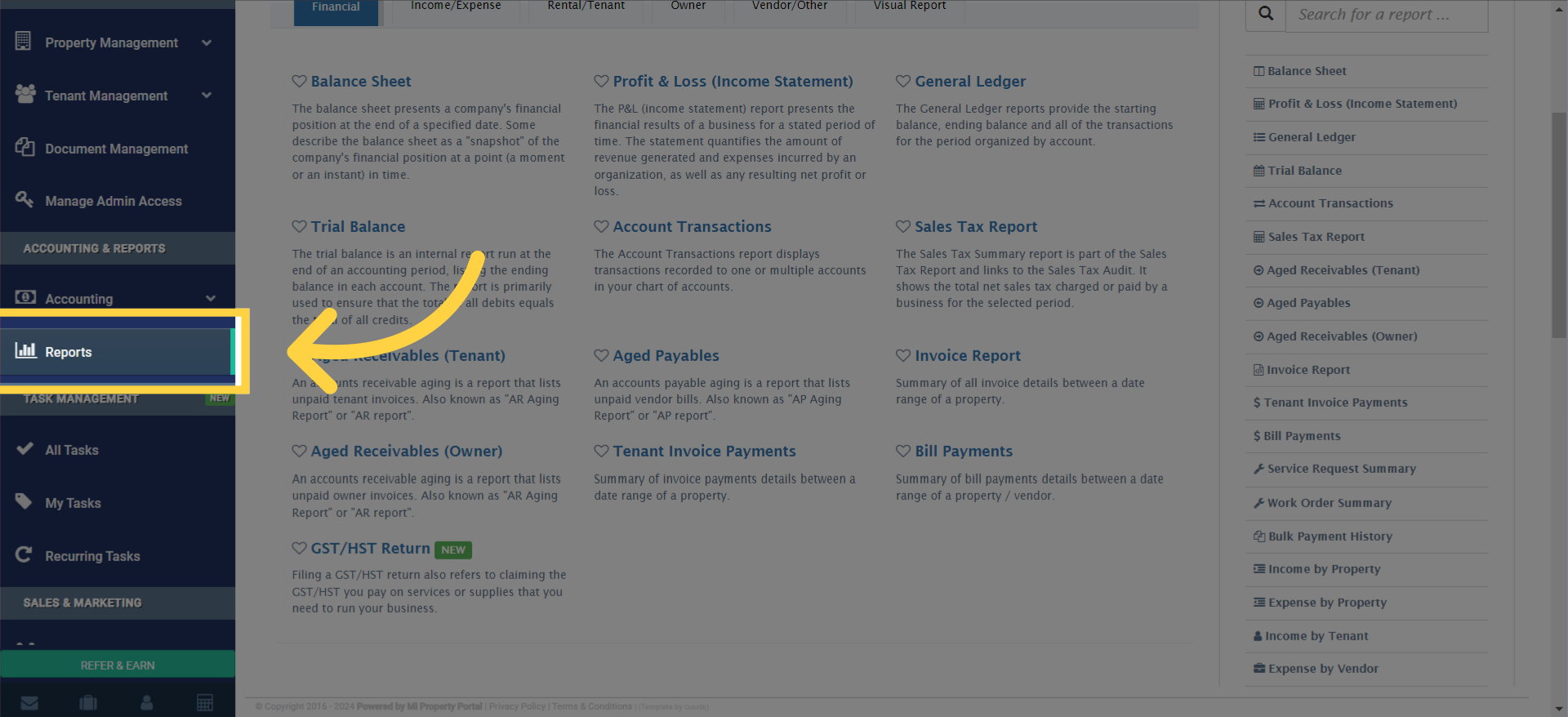 Or you can click on 'Reports' under 'Accounting & Reports' in the left navigation menu.