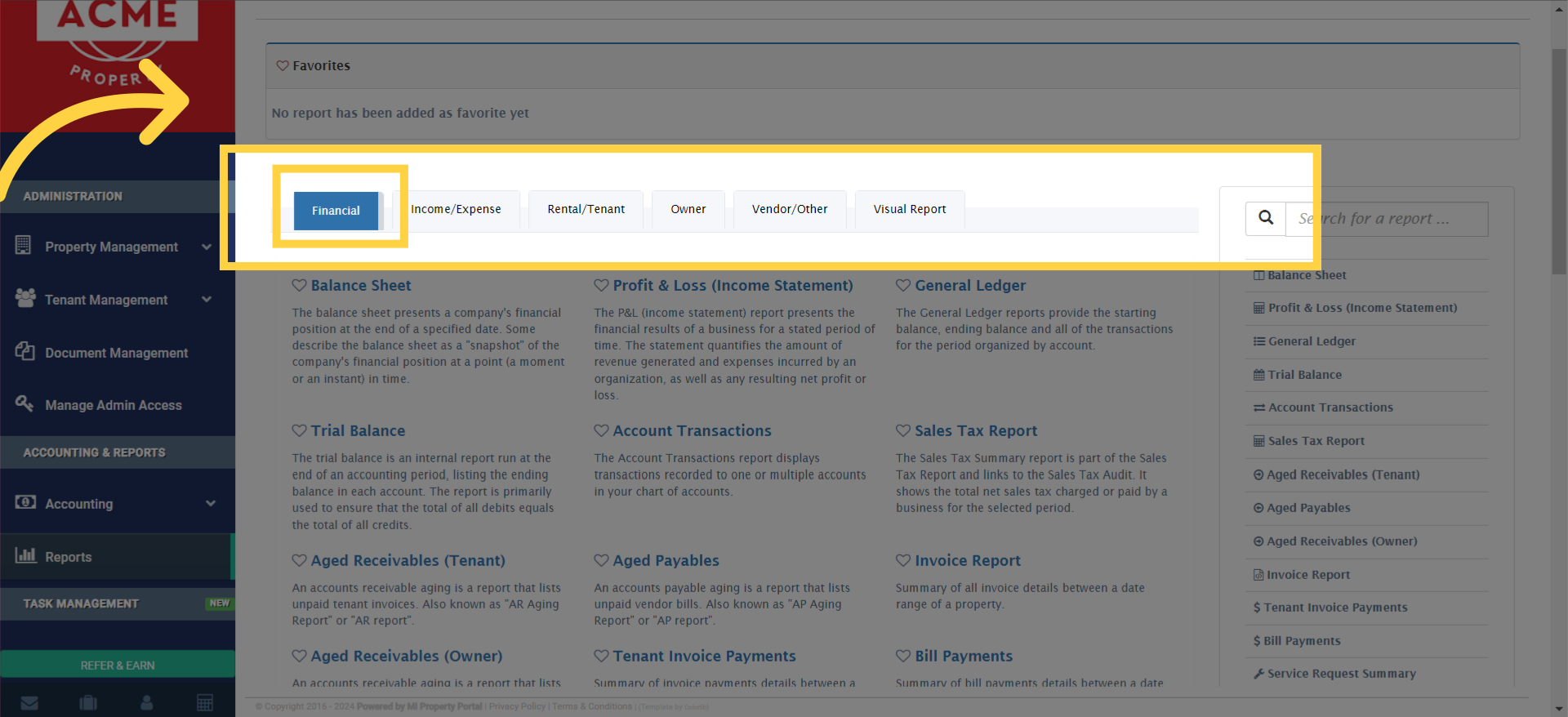 Once you've accessed the Reports Page, navigate to the Financial tab.