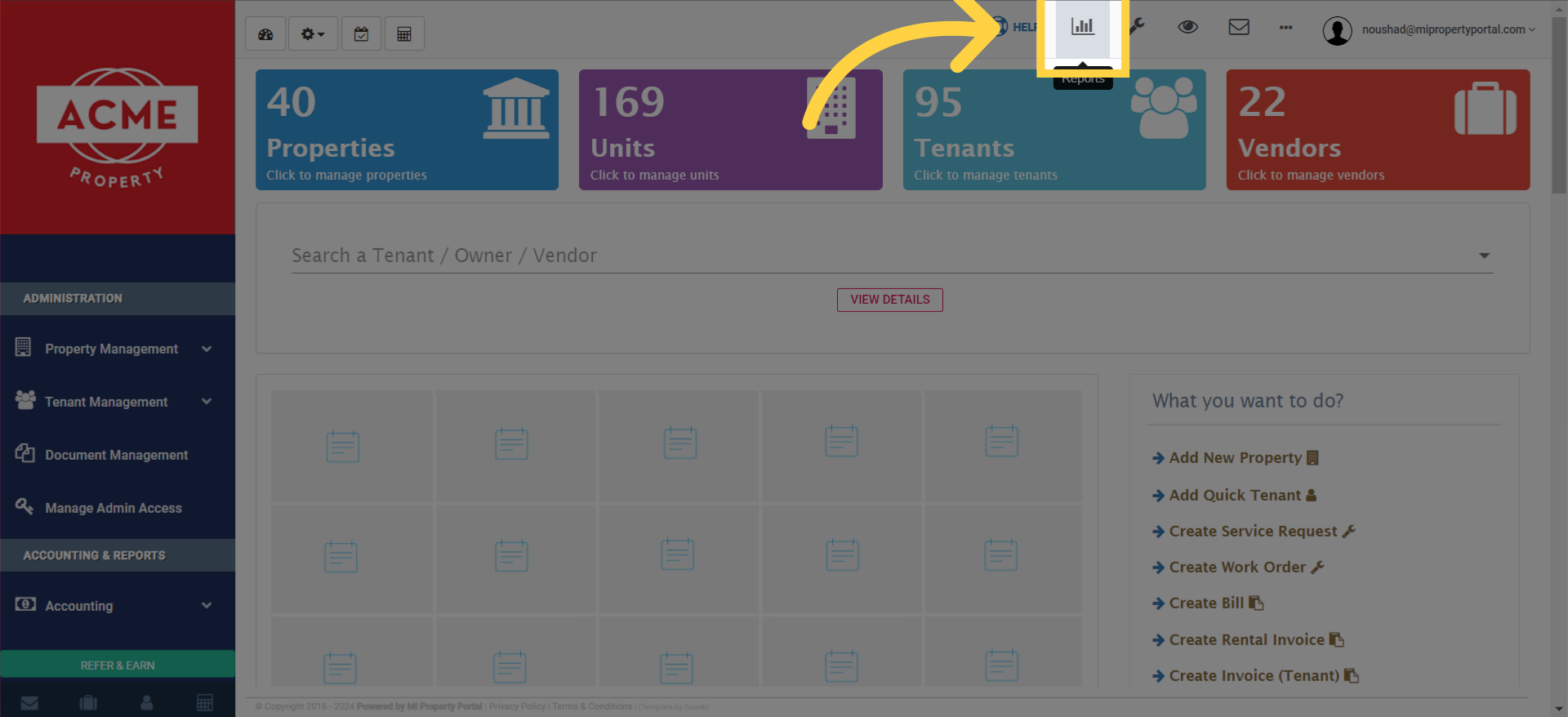 You can either click on 'Go To Reports Page' located on the top of right side of the Dashboard