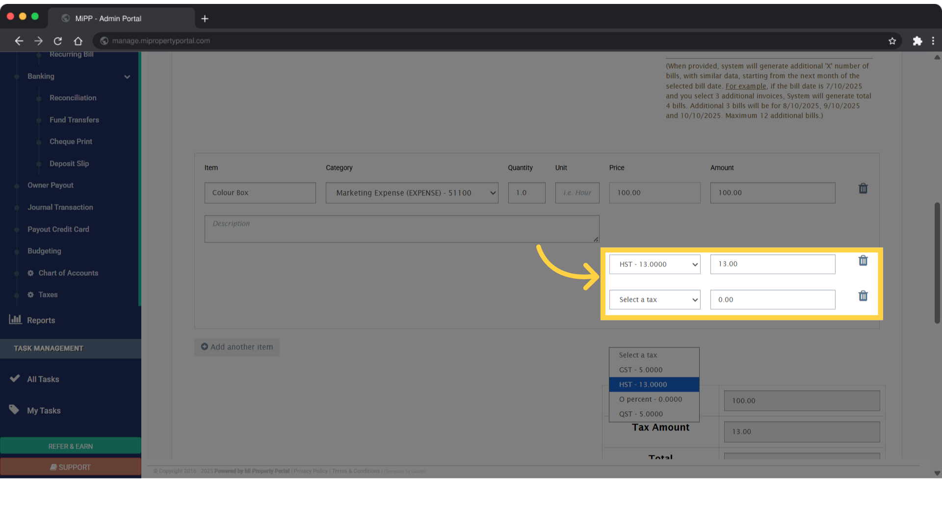 To select a tax rate, click the dropdown and choose the appropriate option from the list.