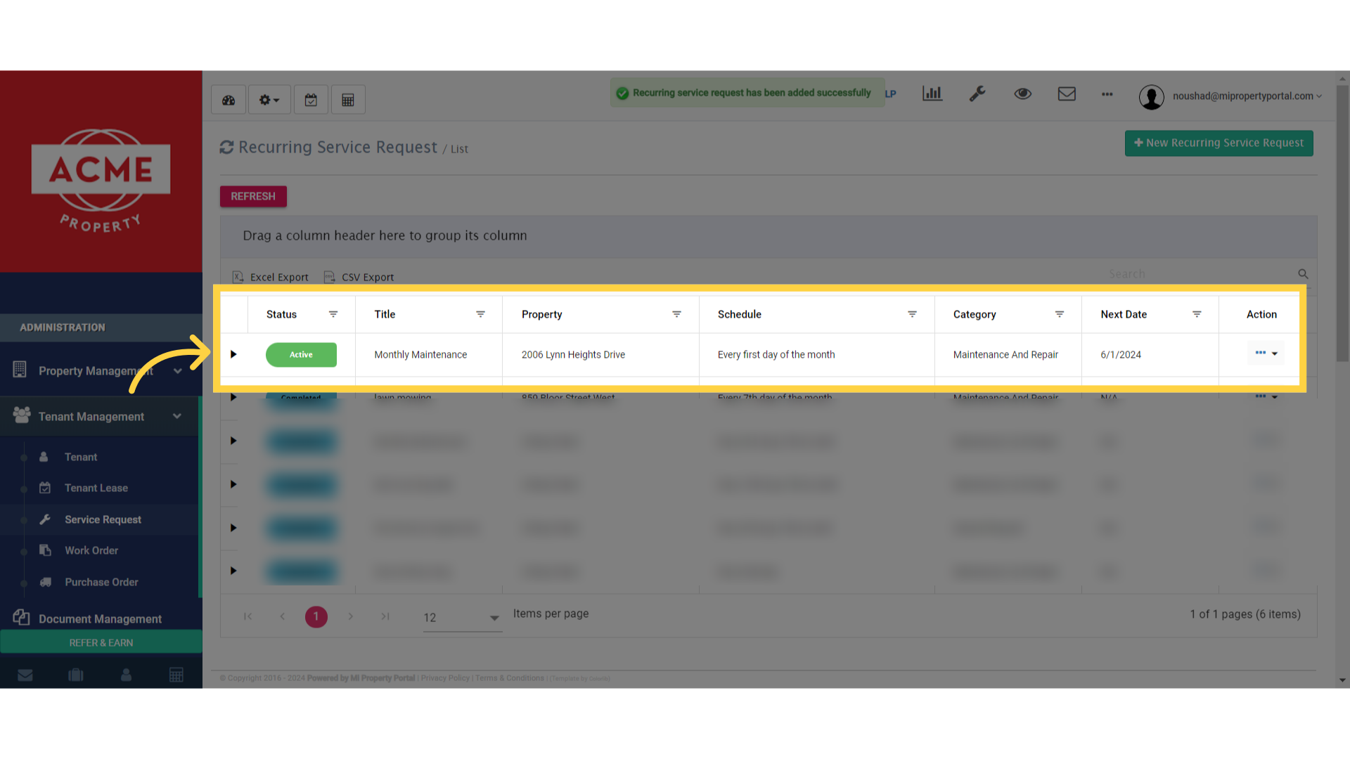 Your 'Monthly Maintenance' request has been successfully created