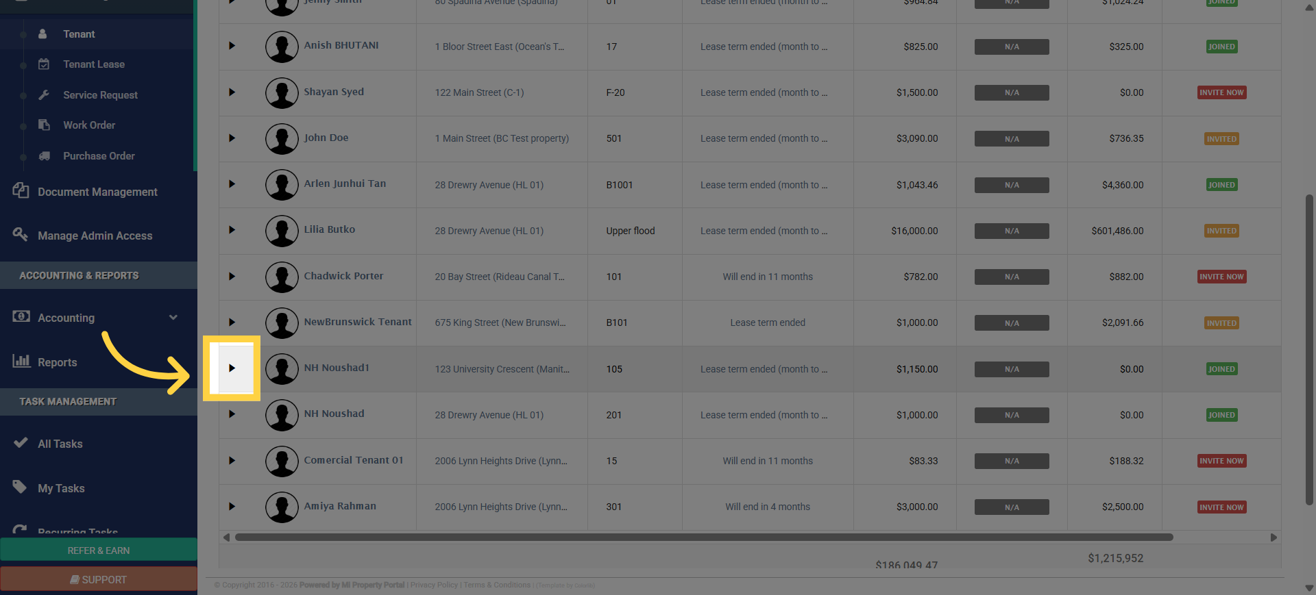 Access Tenant List Options
