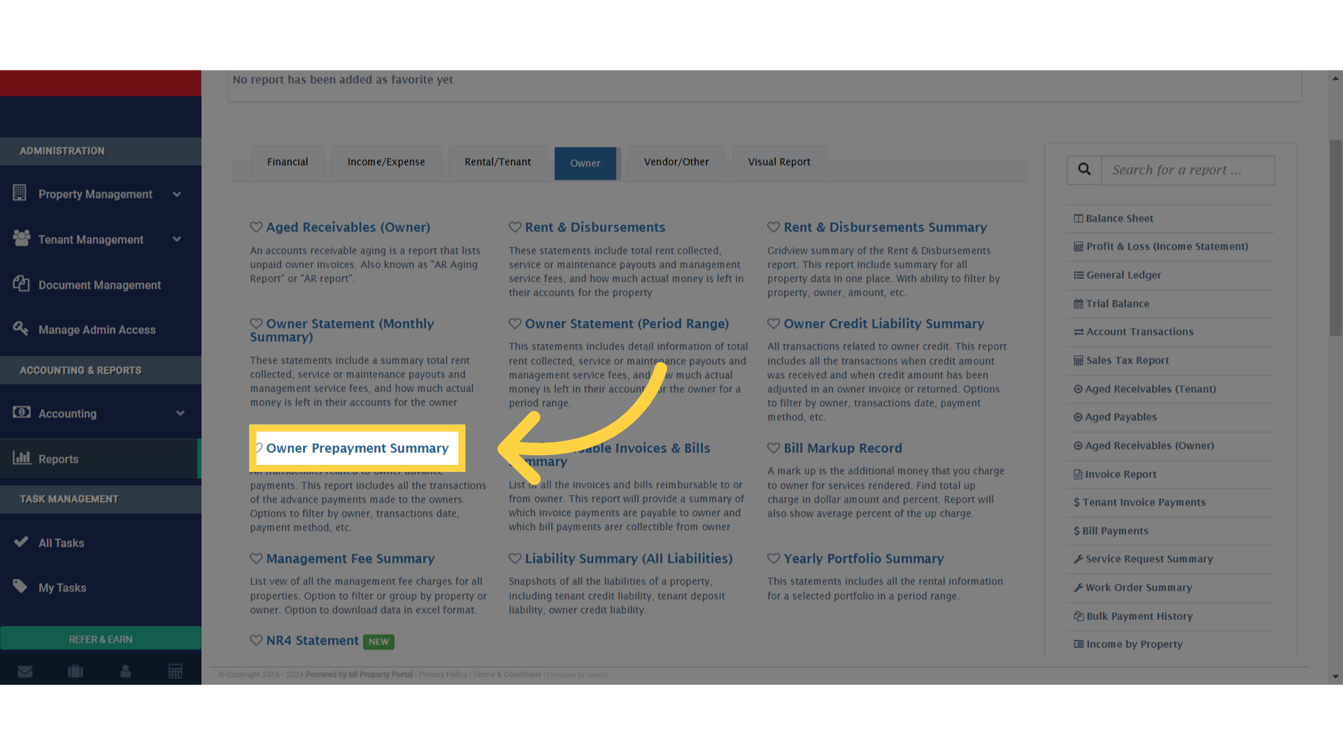 Click 'Owner Prepayment Summary'