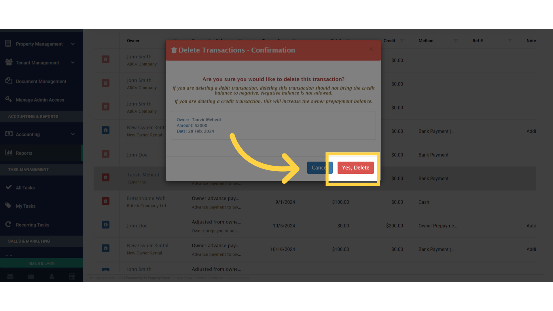 Click 'Cancel Yes, Delete'