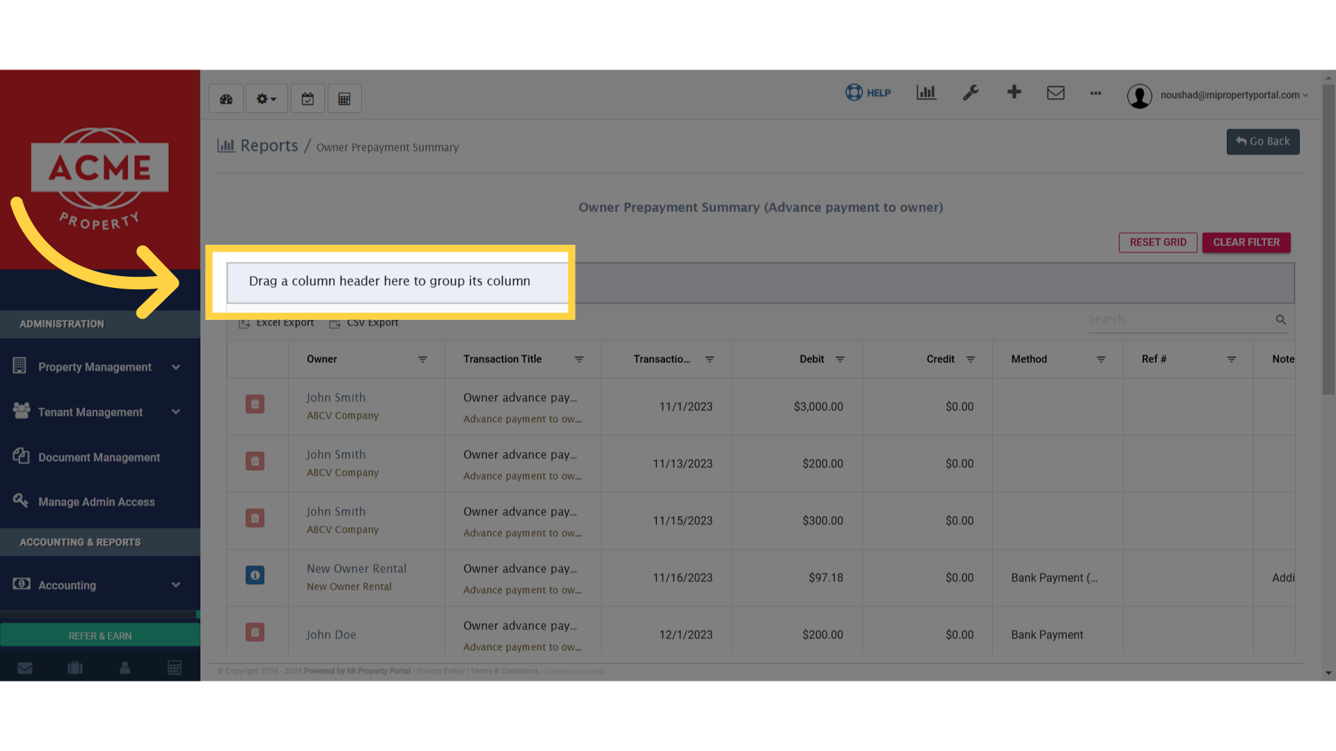 Click 'Drag a column header here to group its column'