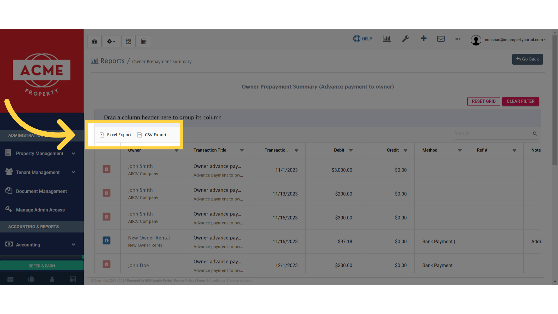 Click 'Excel ExportCSV Export'