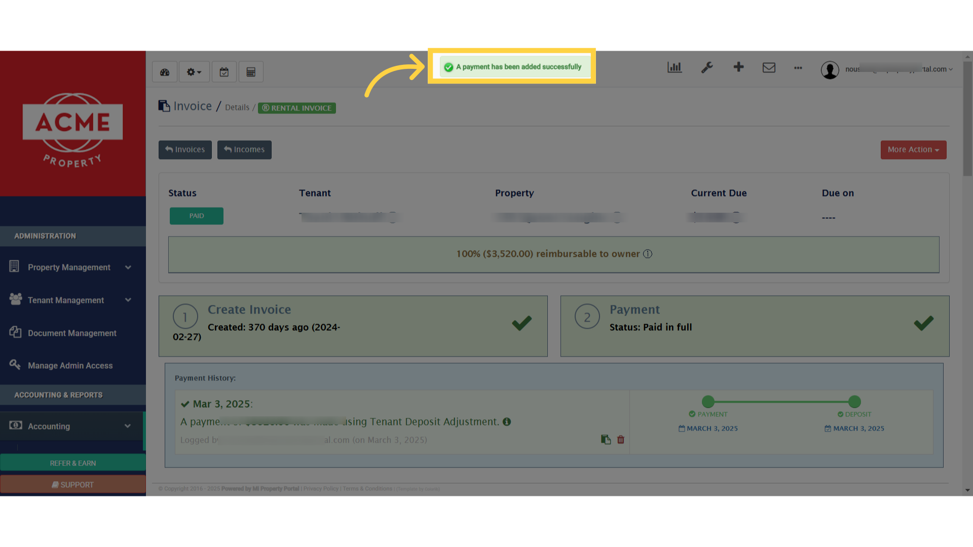 Click 'A payment has been added successfully'