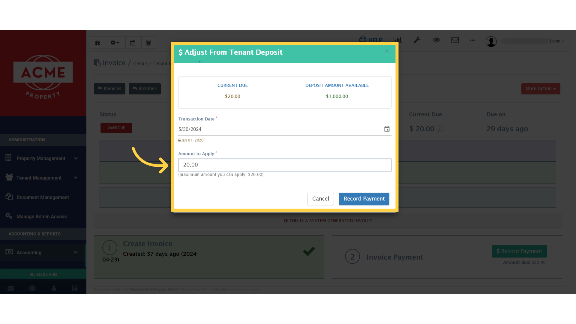 Similarly, input the desired amount in the 'Amount to Apply' box and confirm by clicking on 'Record Payment.