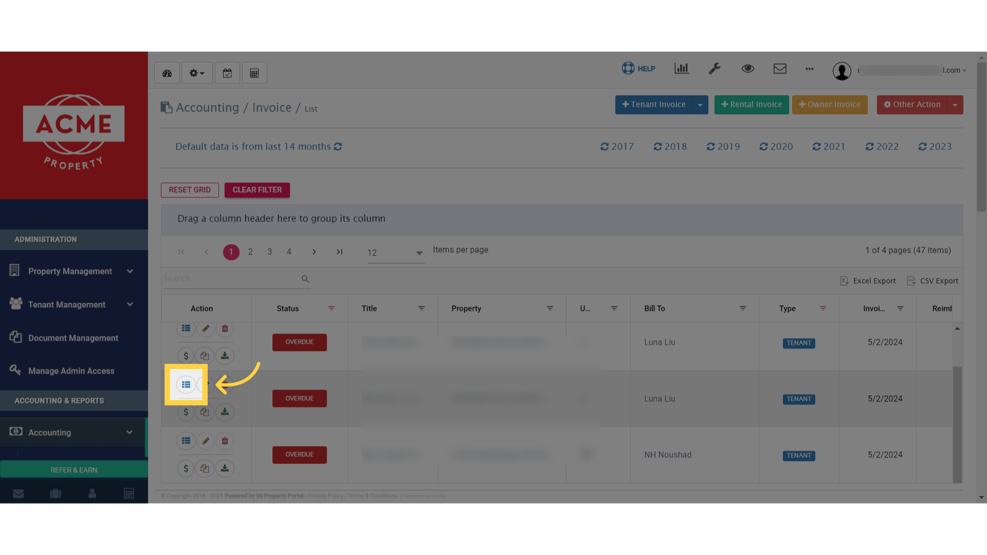 Choose an invoice with 'Overdue', then click on the 'View Details' icon to proceed.