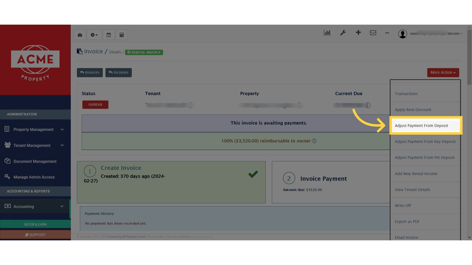 Click 'Adjust Payment From Deposit'