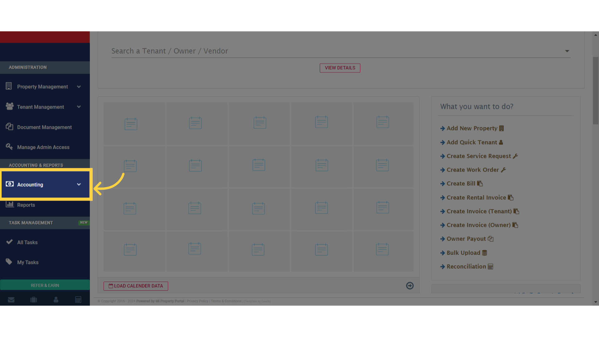 Alternatively, you can adjust a rental invoice with Tenant Deposit by accessing the 'Accounting' dropdown
