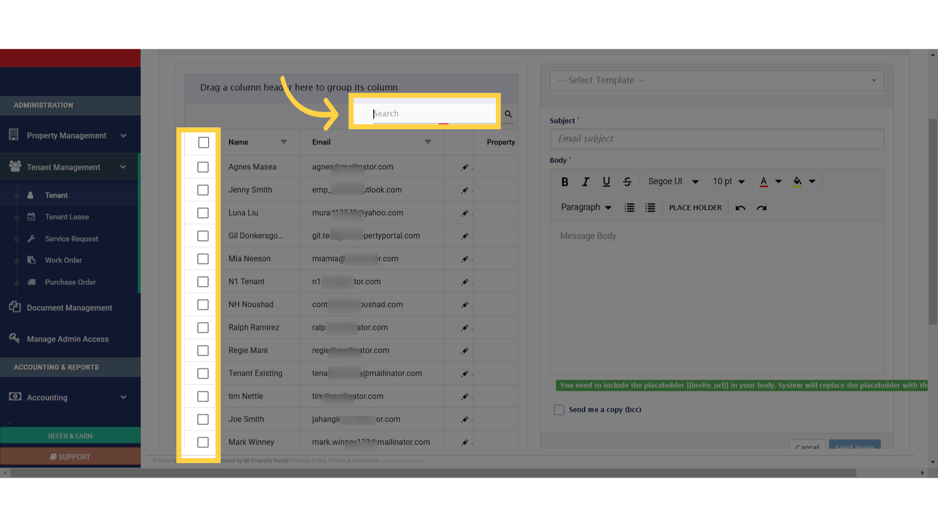 Search for tenants or manually select multiple tenants by ticking the boxes