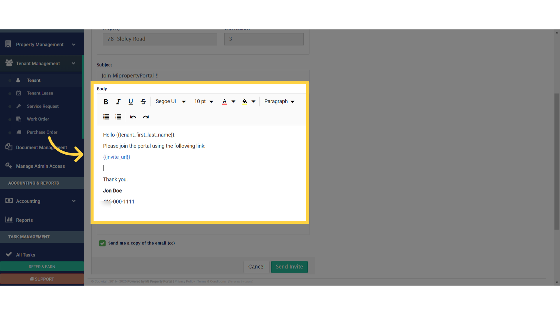 Edit the message body as needed, but do not remove the blue placeholder link—it’s essential