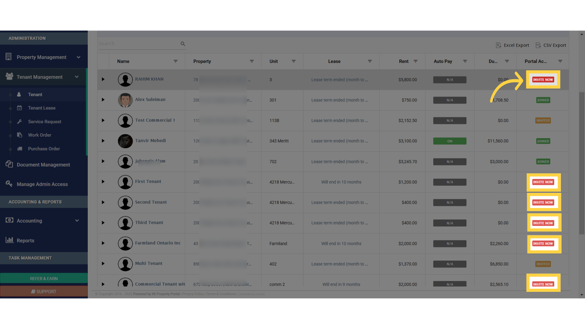 Focus on the Portal Access Status column and look for the Invite Now option