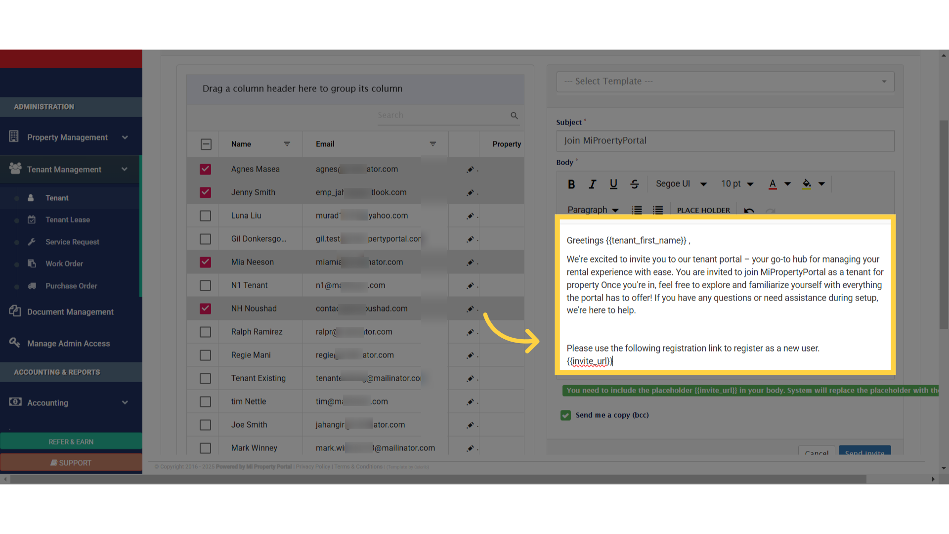 Write your email body, but don’t edit or remove the registration link from the placeholder list
