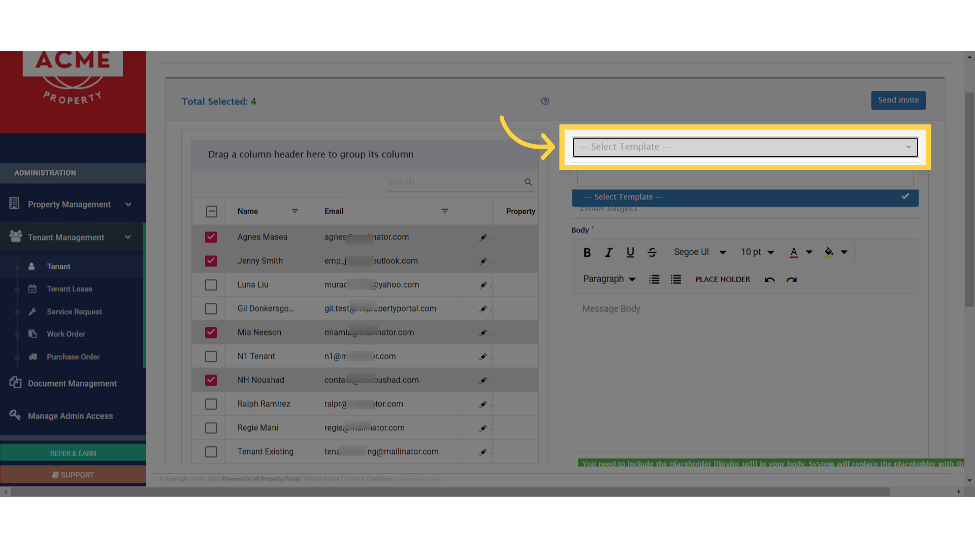 Choose an email template from the dropdown