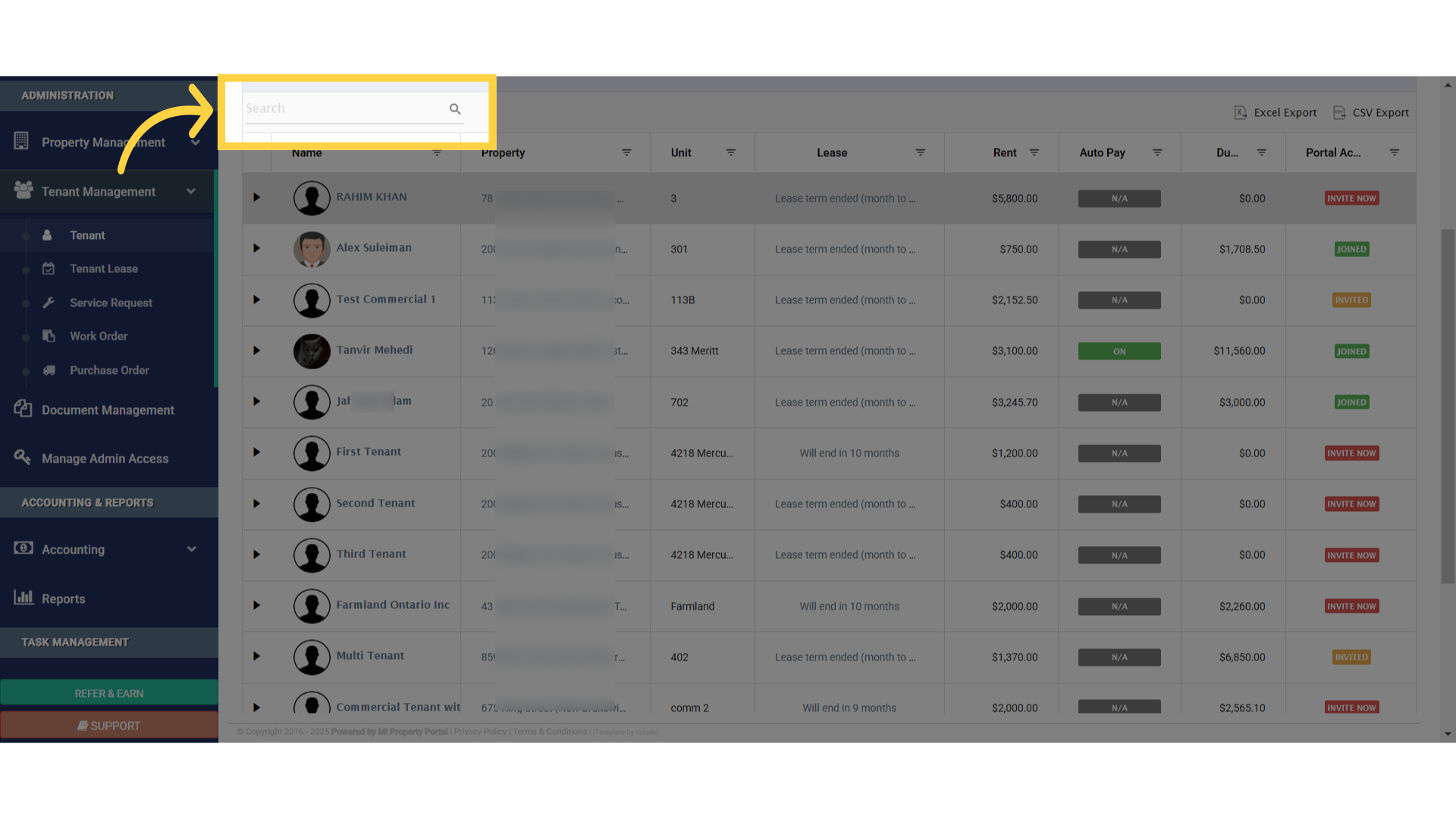 To send an invitation, search for the tenant by name or select them from the list view