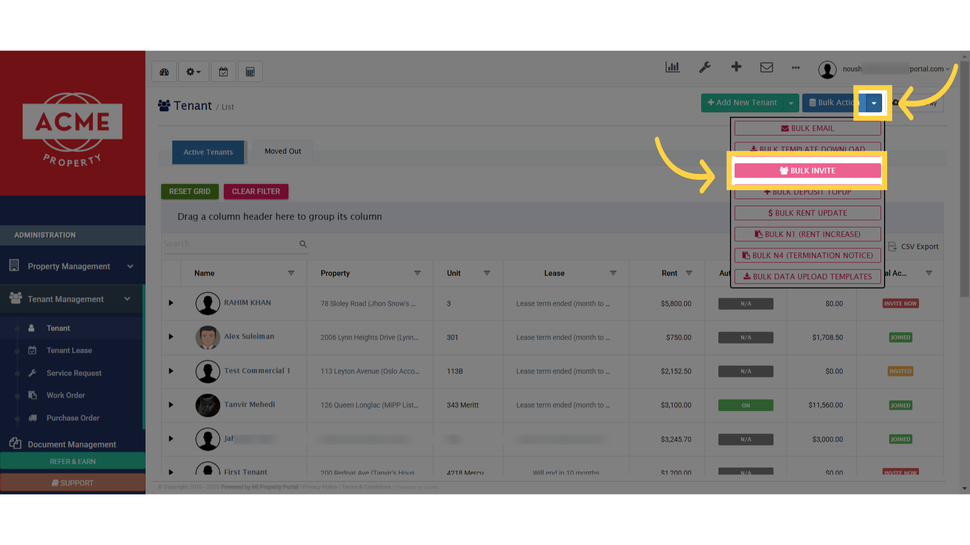 Click the Bulk Action dropdown in the top-right corner. Select Bulk Invite