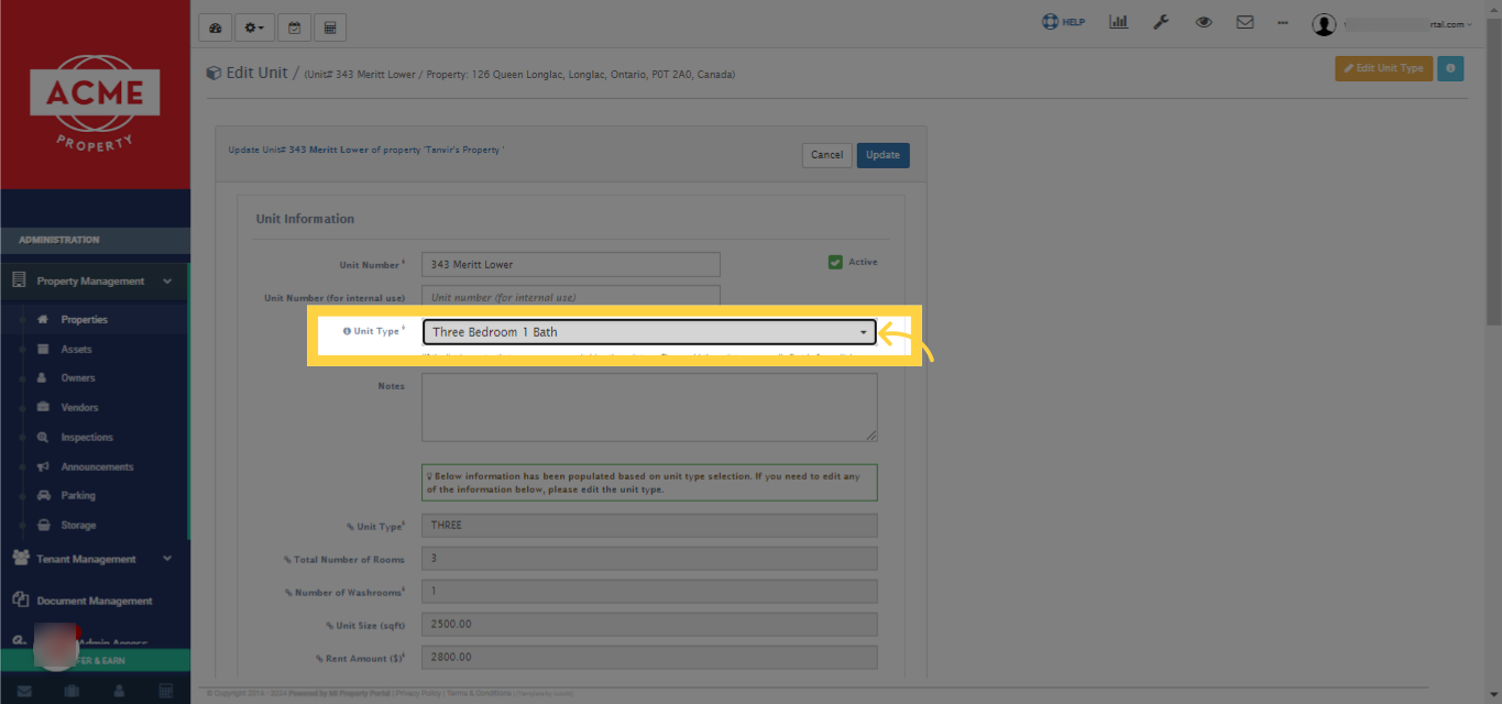 Click on the 'Unit Type' dropdown