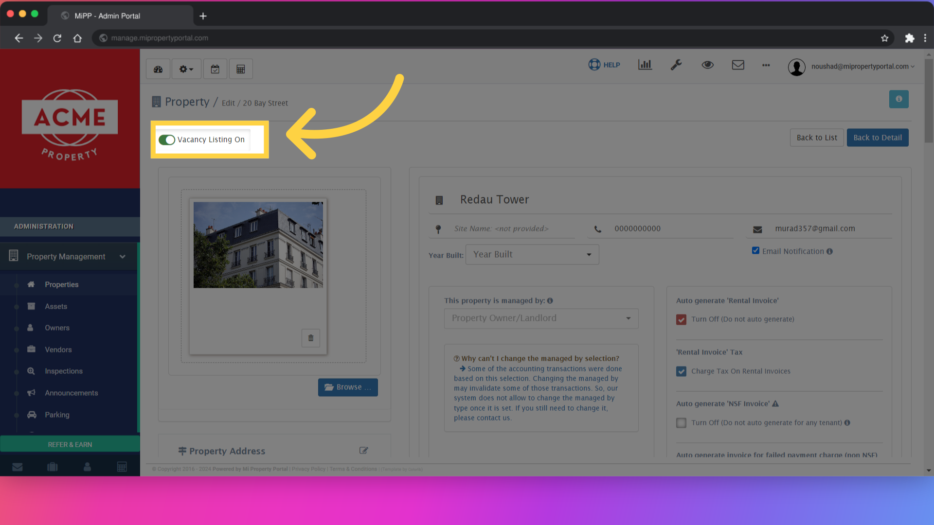 Click on the 'Vacancy Listing On' button to disable the vacant property listing