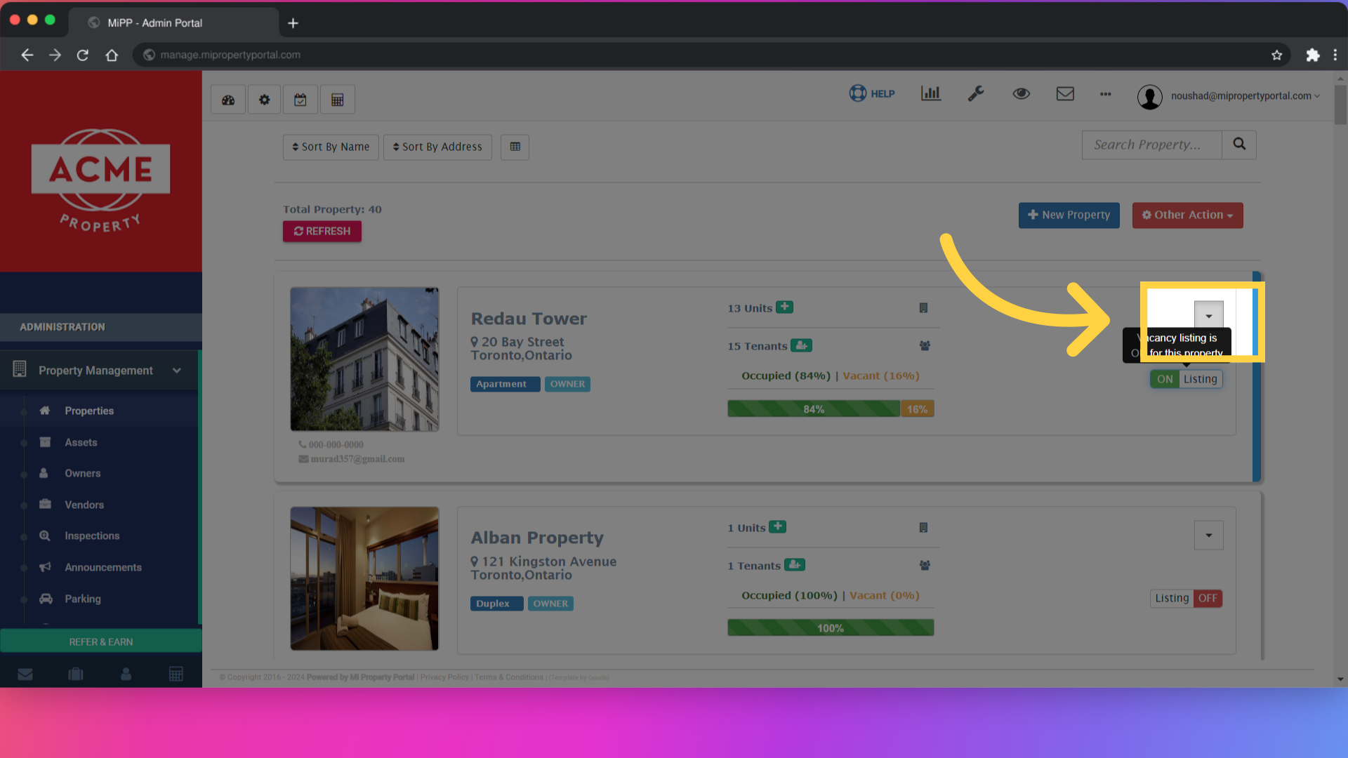 Click on the dropdown menu next to a vacant property