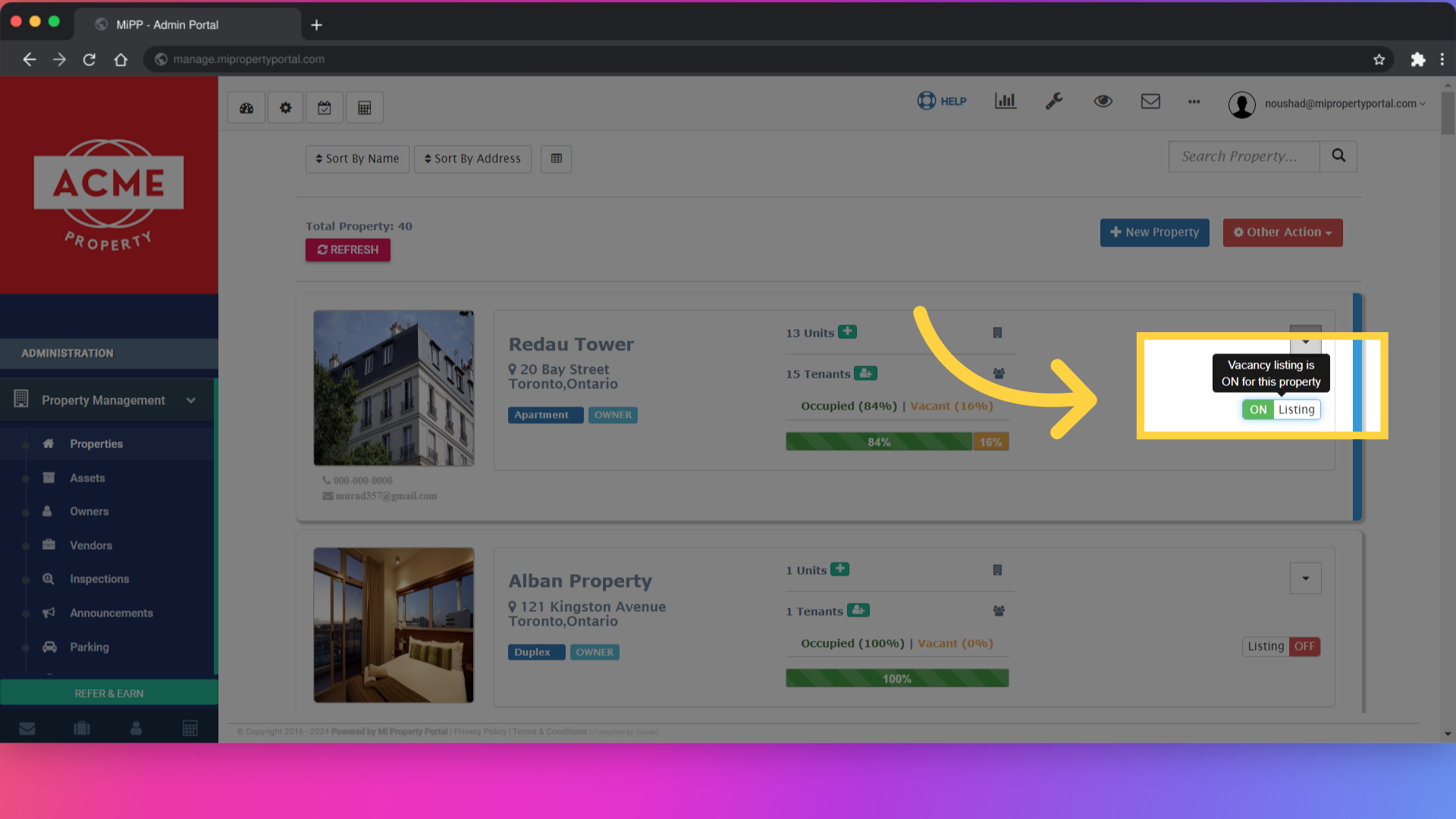 Observe the vacancy listing button displayed as 'ON' if the vacant property listing is already enabled
