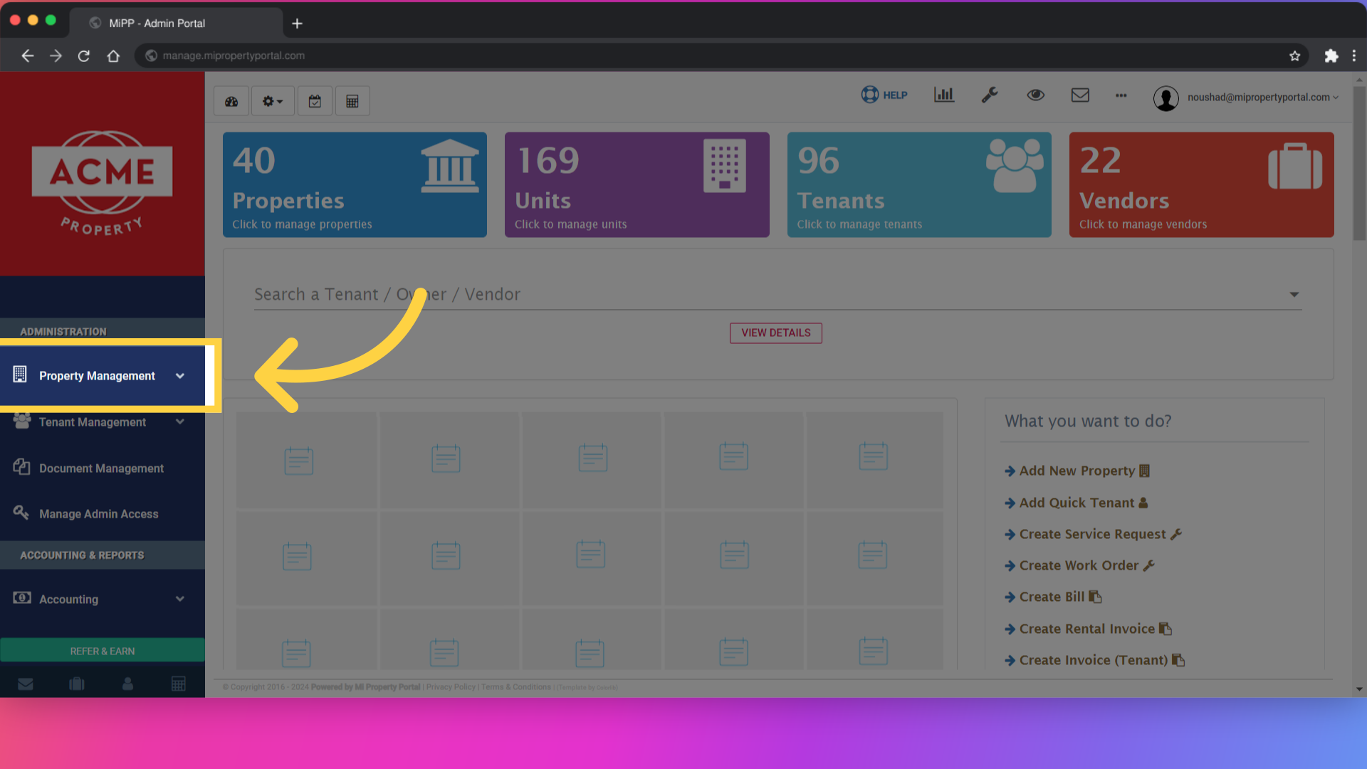 Click on 'Property Management' dropdown under 'Administration'