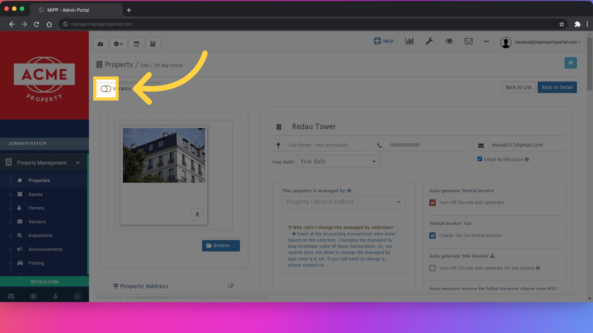 Click on 'Vacancy Listing Off' to enable the property listing again.