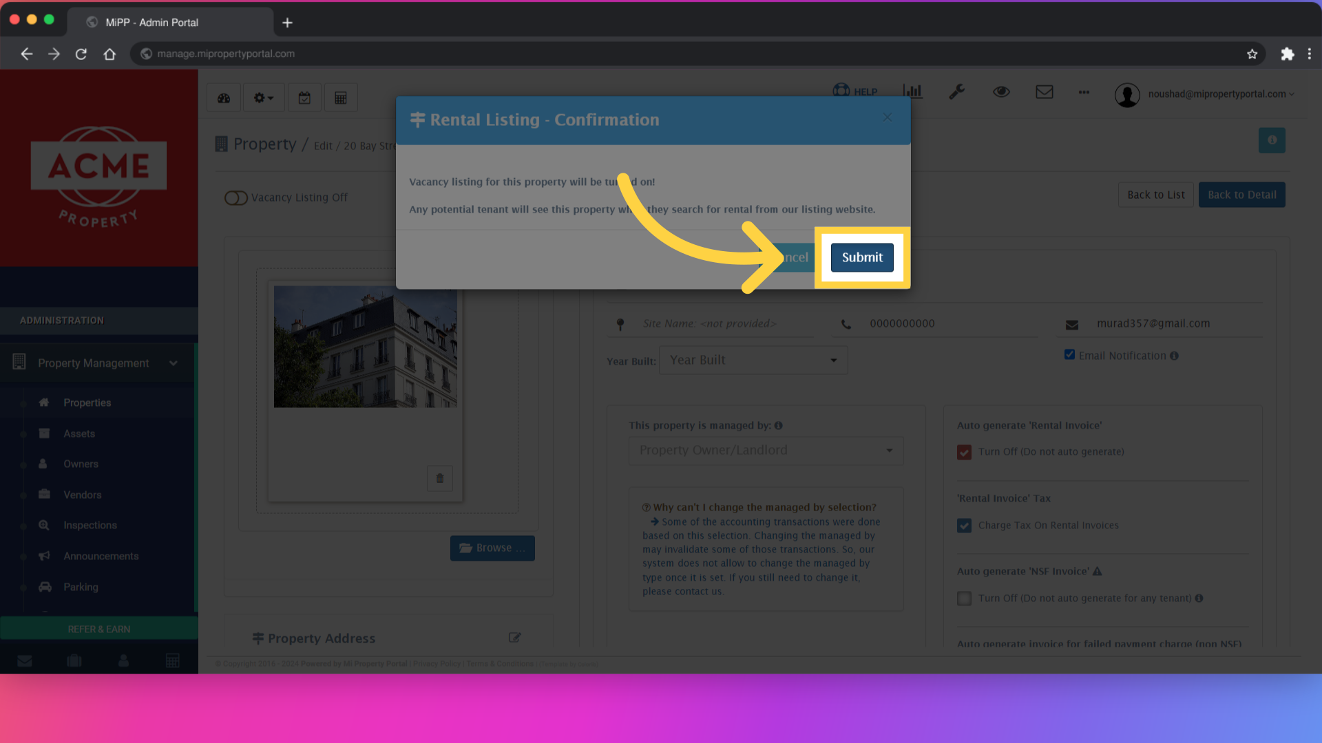 Click on 'Submit' to confirm and save the enabling of the vacant property listing