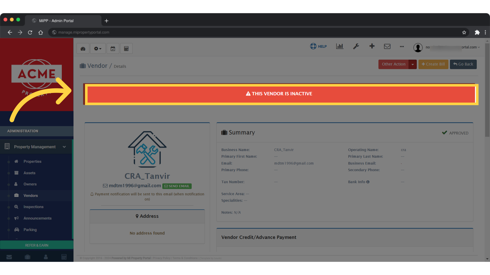 There are two ways to activate an inactive vendor. One is by clicking on the red sign on 'THIS VENDOR IS INACTIVE' icon