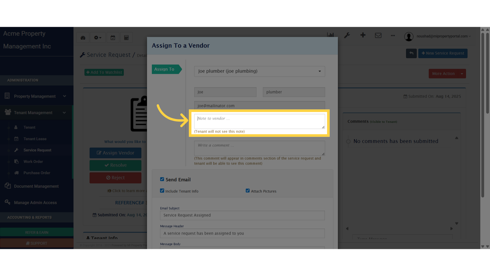 Click 'Note to vendor ...'