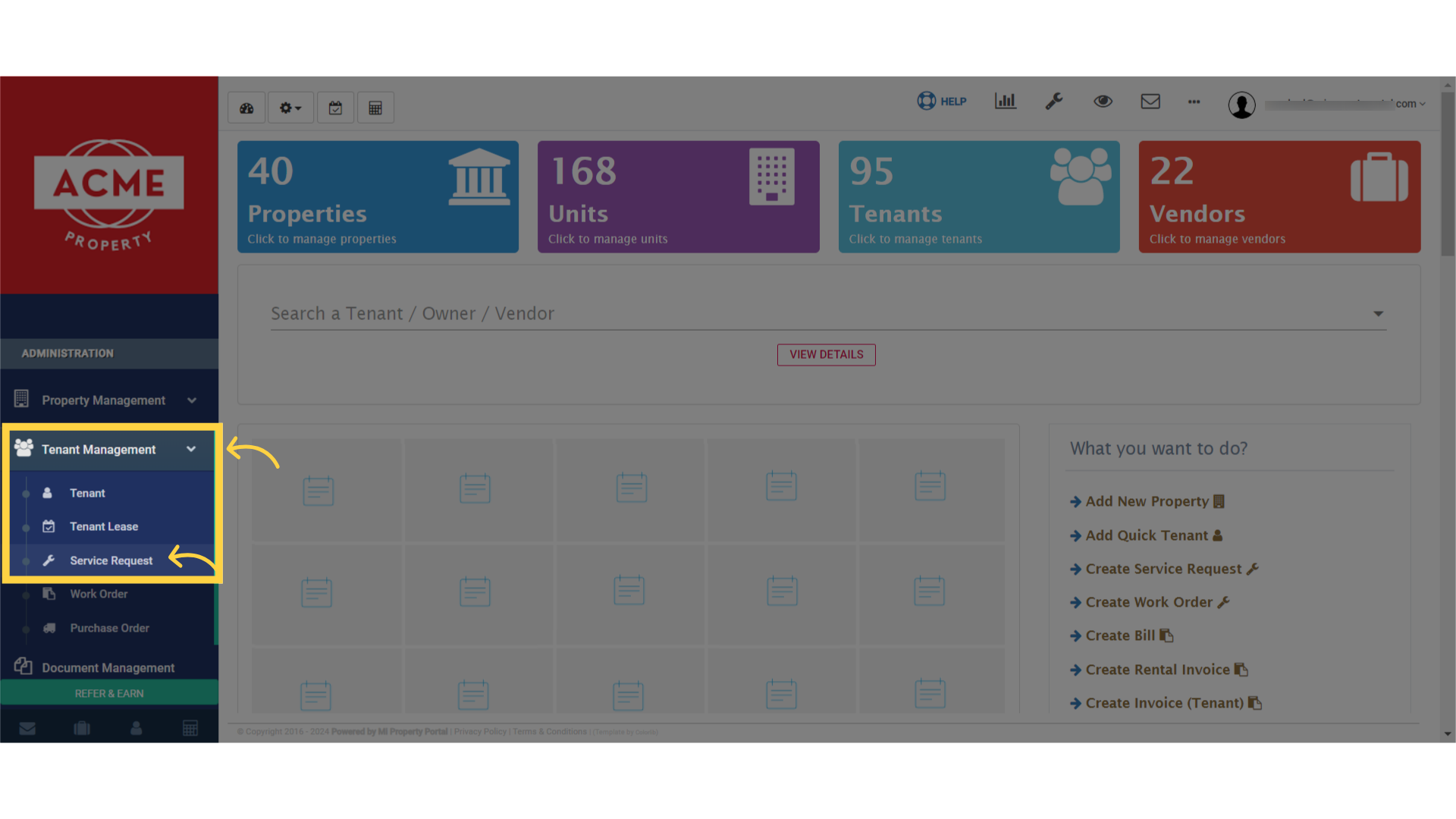 Select 'Service Request' under the 'Tenant Management' dropdown.