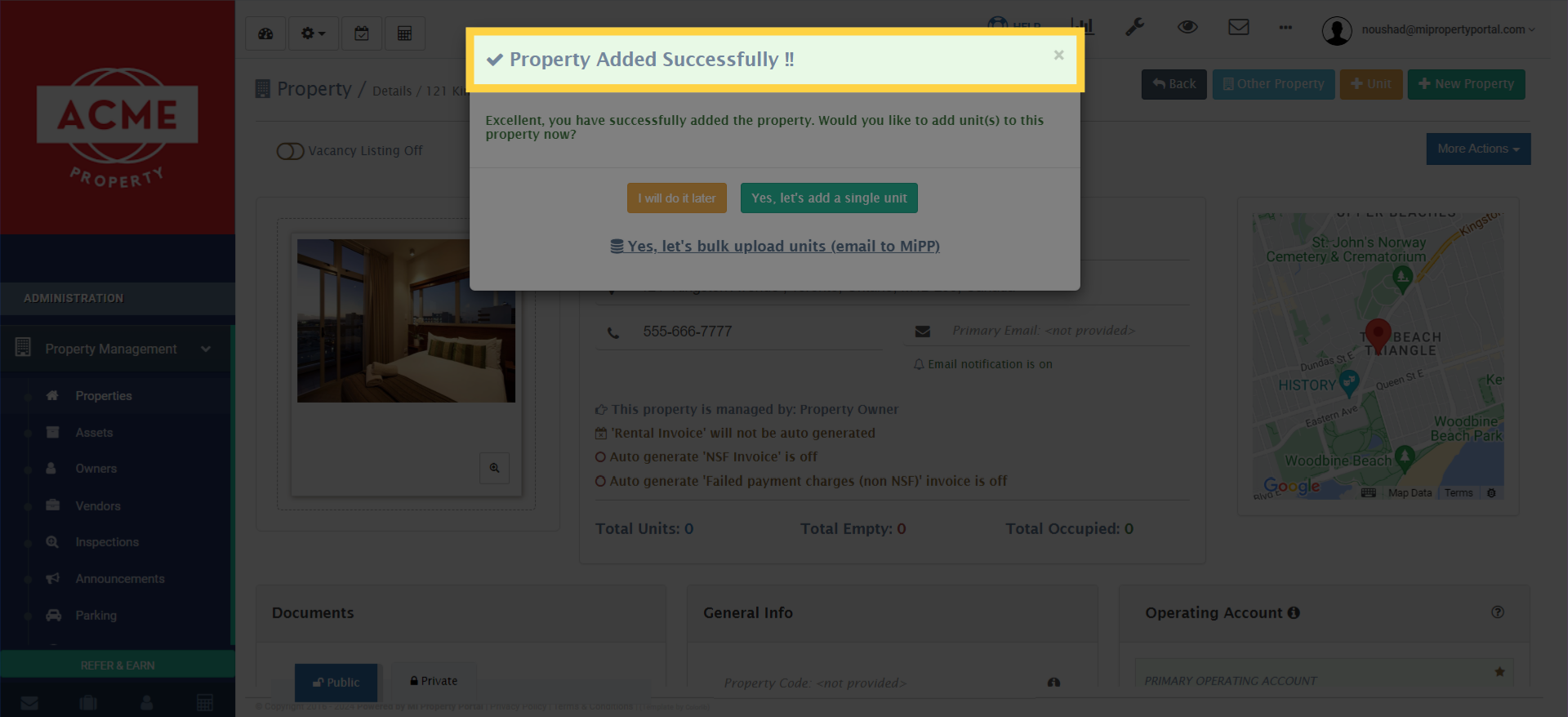  'Property Added Successfully !!' Pop-up will appear 