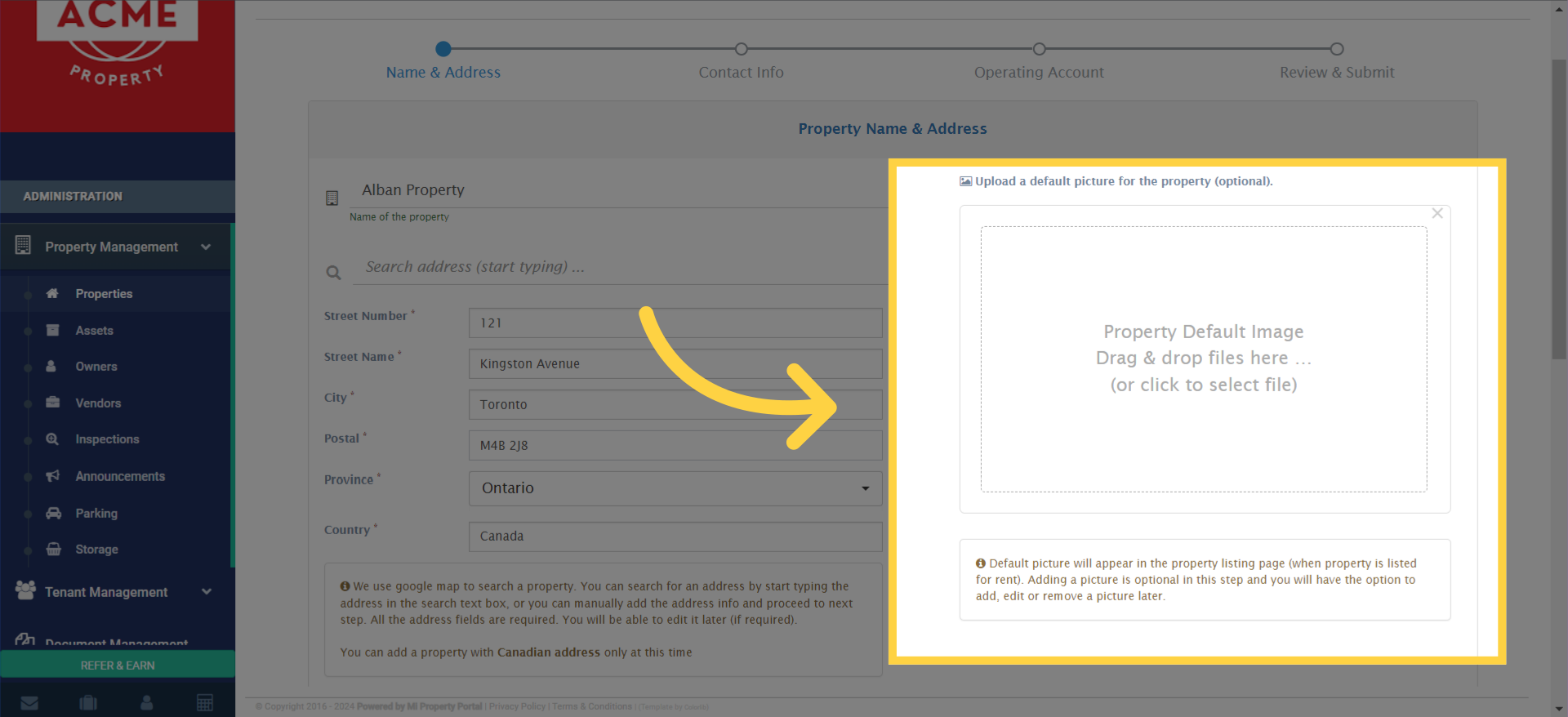 Click on this box or drag and drop an image to 'Upload a default picture for the property (optional). ...'