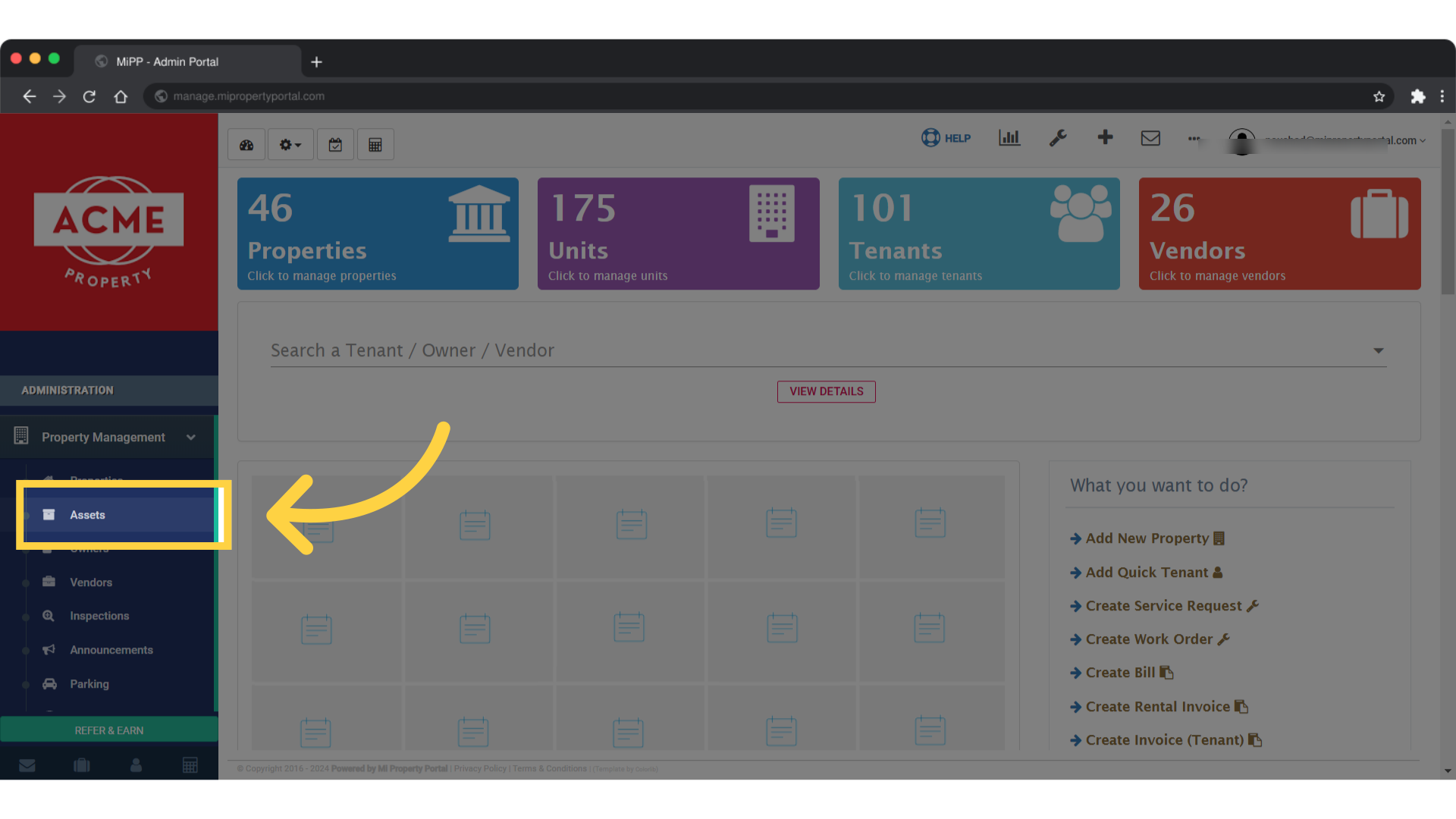Click on Assets under the Property Management dropdown