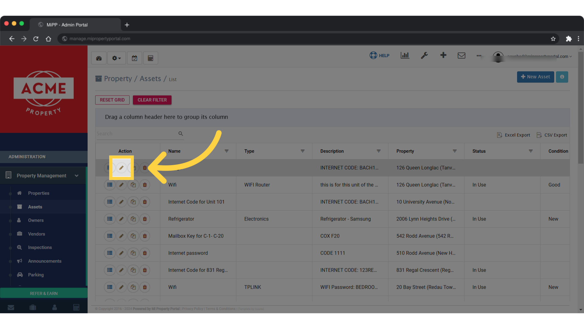 Once in the Property/Assets section, choose the asset & click on Pencil icon to edit or update the asset
