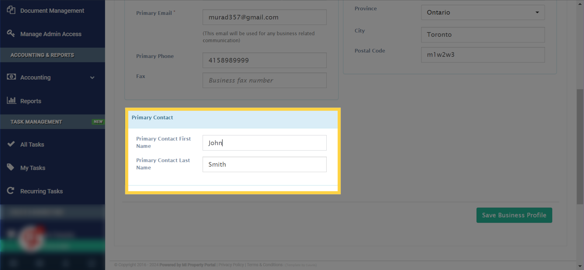Put the 'Primary Contact' information