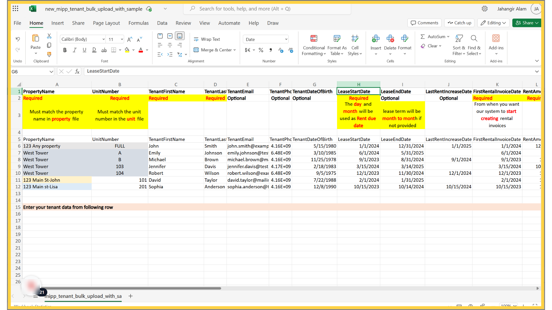Enter the Lease Start Date in the LeaseStartDate column (Required)