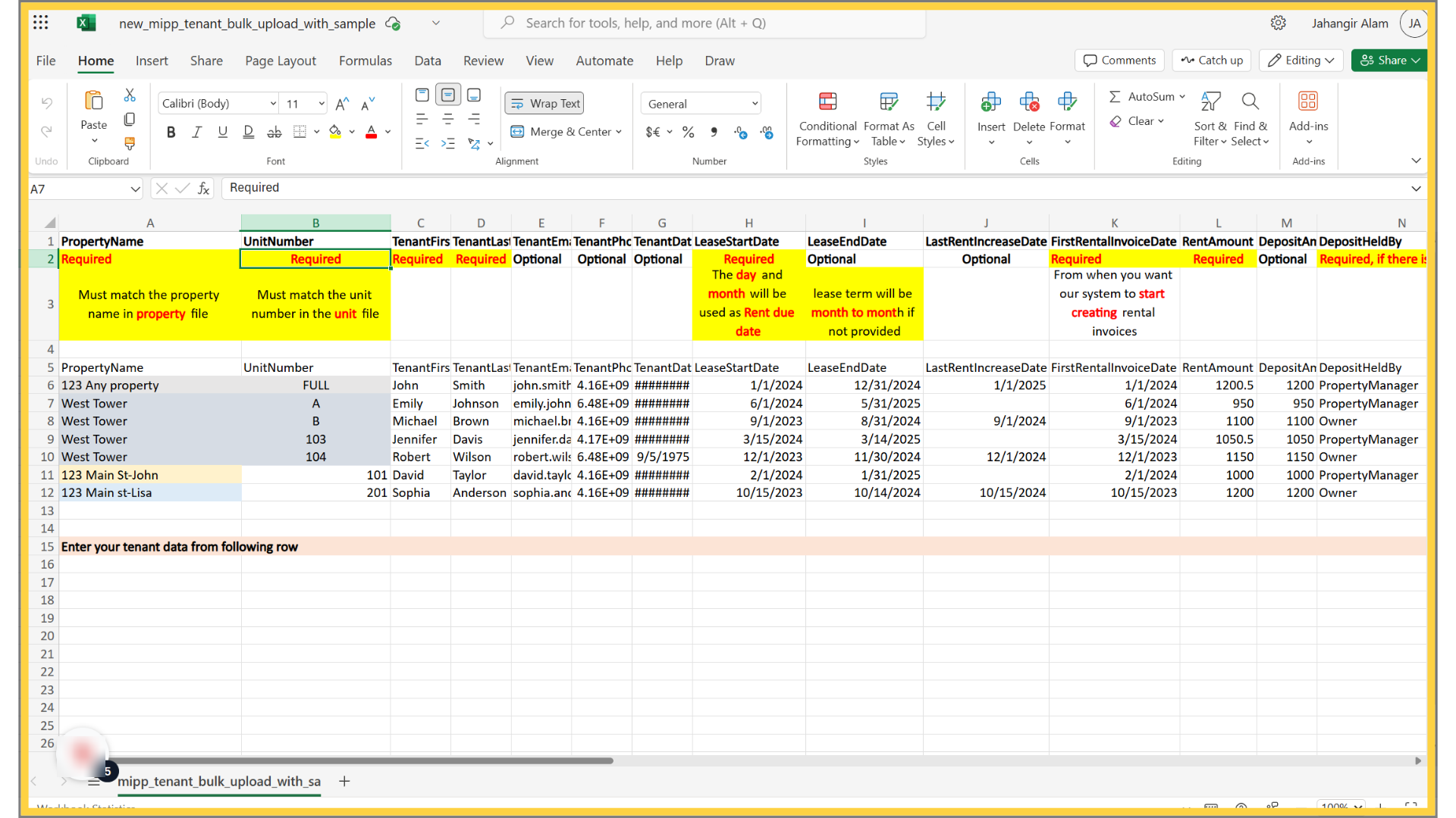 Enter the Unit Number in the UnitNumber column (Required)