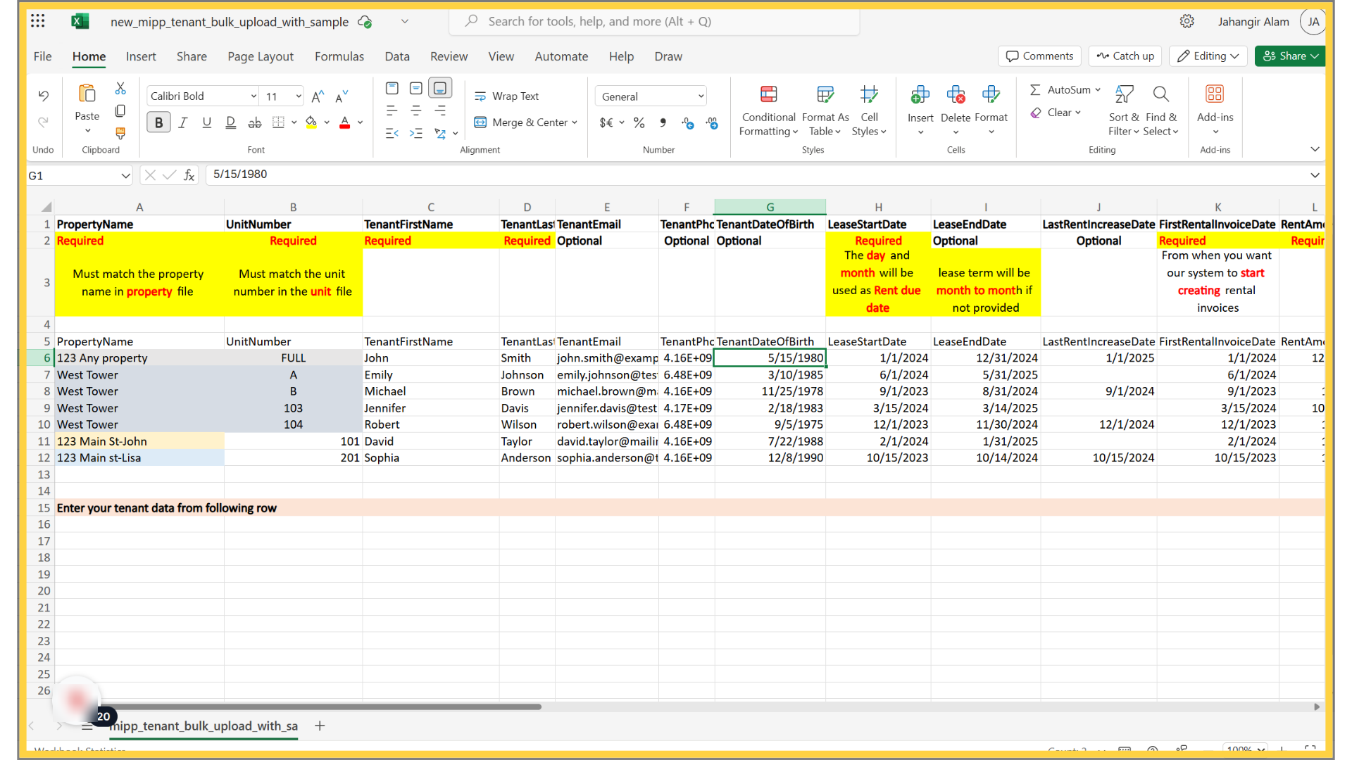 Enter the Tenant Date of Birth in the DOB column (Optional)