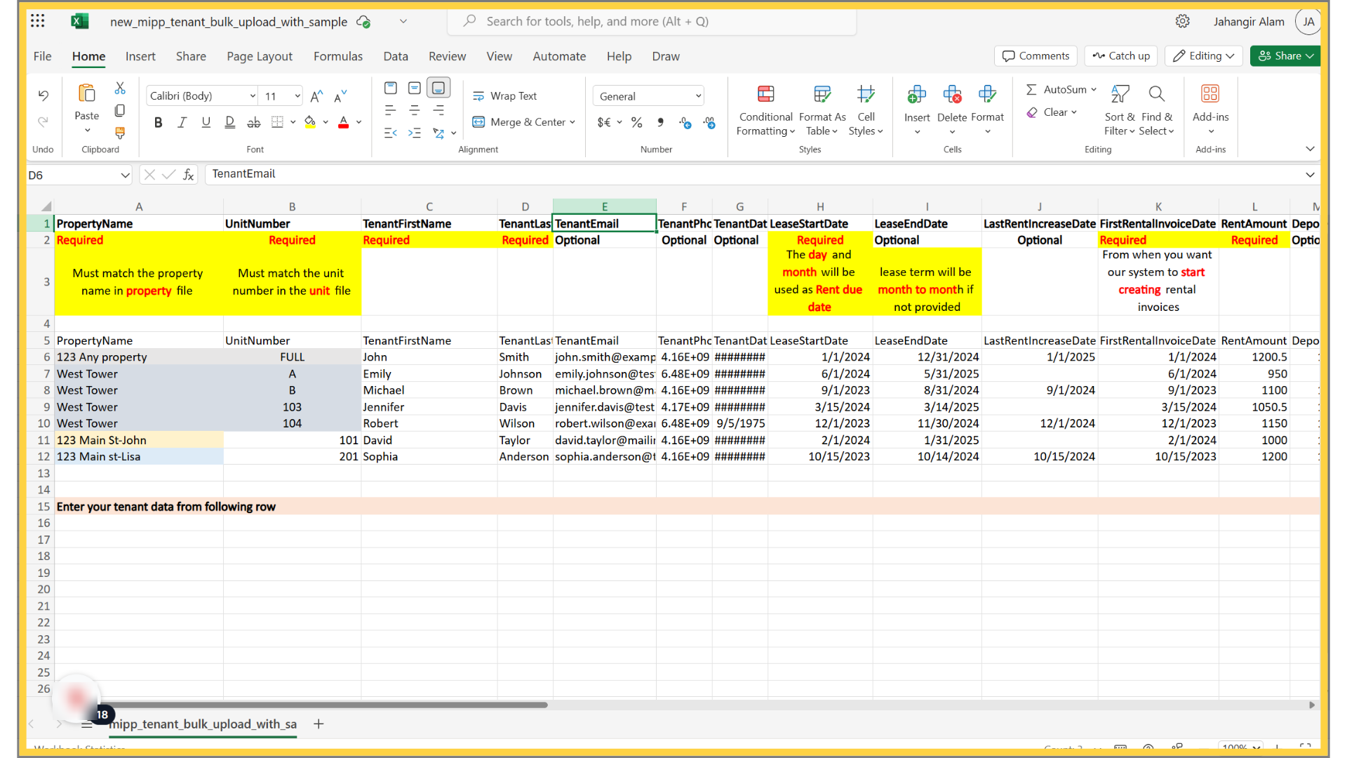 Enter the Tenant Email in the Email column (Optional)