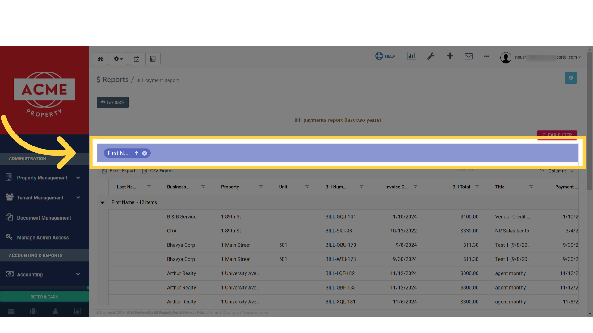 the report will be presented in the following format once done with the filters