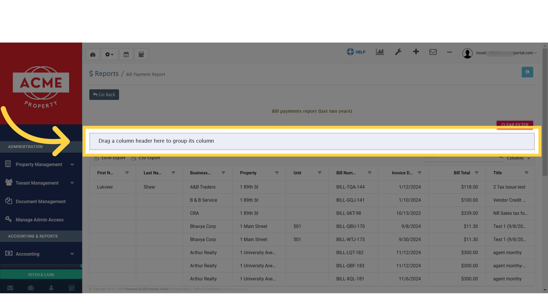 When you're on the Bill Payment Report page, you will see this line Drag a column header here to group its column